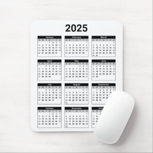 Black and White USA 2025 Yearly Calendar Mouse Mat