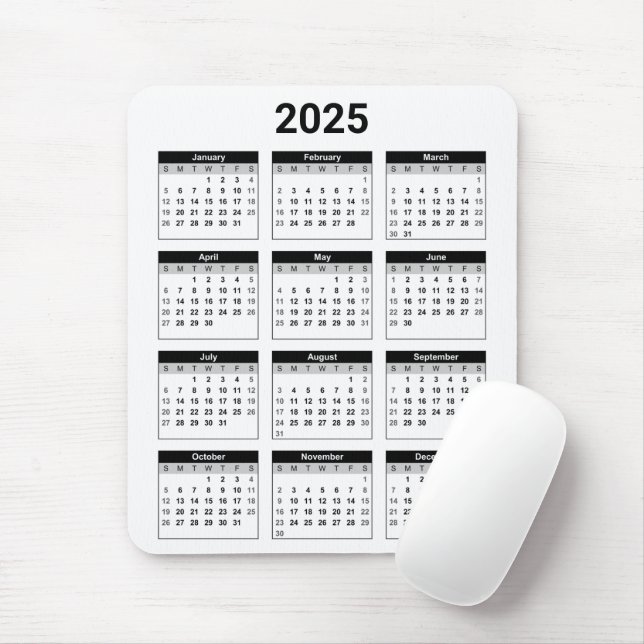 Black and White USA 2025 Yearly Calendar  Mouse Mat (With Mouse)