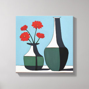 Black and White Vases with Red Flowers  Canvas Print