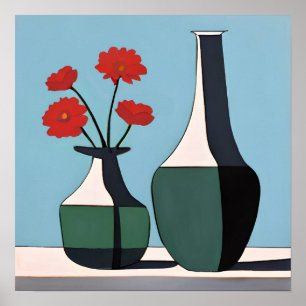 Black and White Vases with Red Flowers  Poster