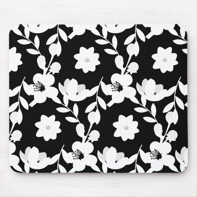 Black and white vector floral pattern mouse mat (Front)