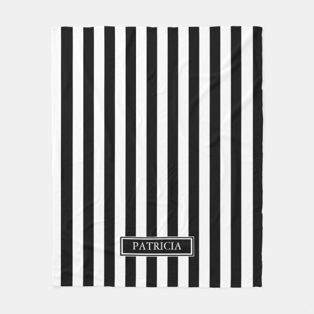 Black and White Vertical Stripes Custom Name Fleece Blanket (Front)