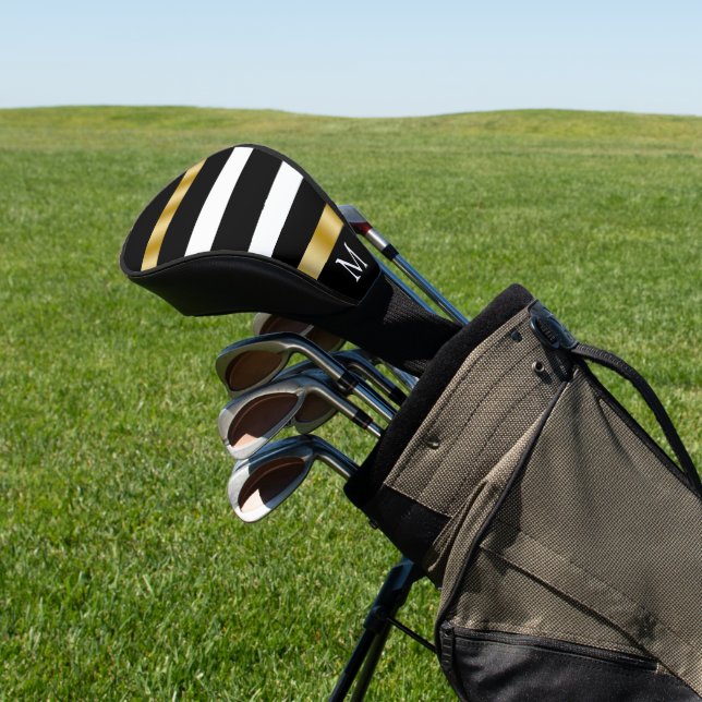 Black and white vertical stripes gold accents golf head cover (In Situ)