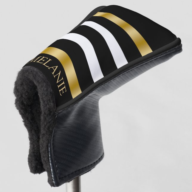 Black and white vertical stripes gold accents golf head cover (3/4 Front)