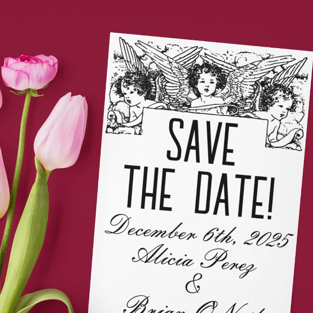 Black and White Victorian Cherubs Save-the-Date Postcard (Creator Uploaded)