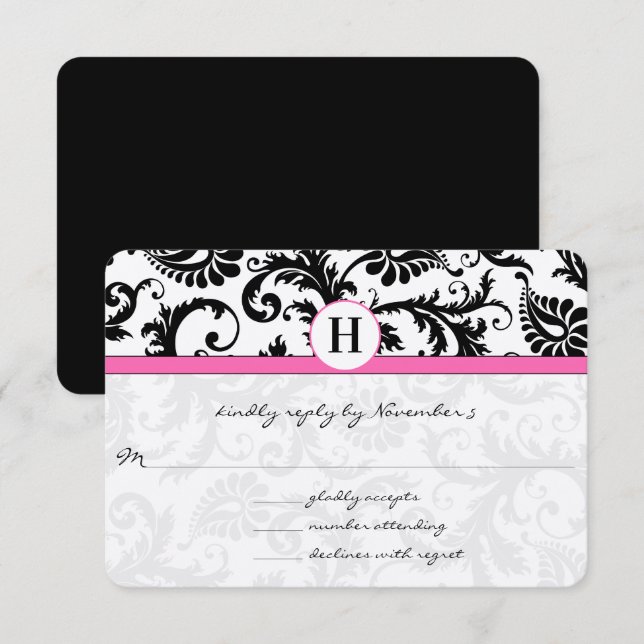 Black and White Victorian Damask Pink Accent RSVP Card (Front/Back)