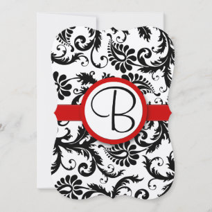 Black and White Victorian Damask Red Trim Wedding Invitation