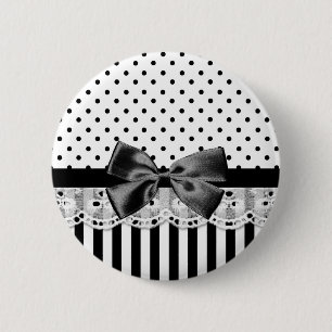 Black And White Victorian Stripes With Bow 6 Cm Round Badge