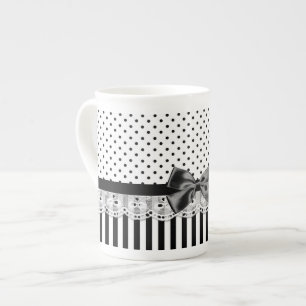 Black And White Victorian Stripes With Bow Bone China Mug
