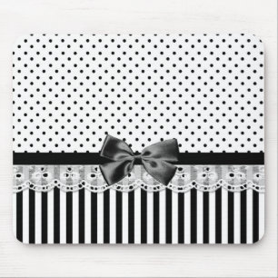 Black And White Victorian Stripes With Bow Mouse Mat