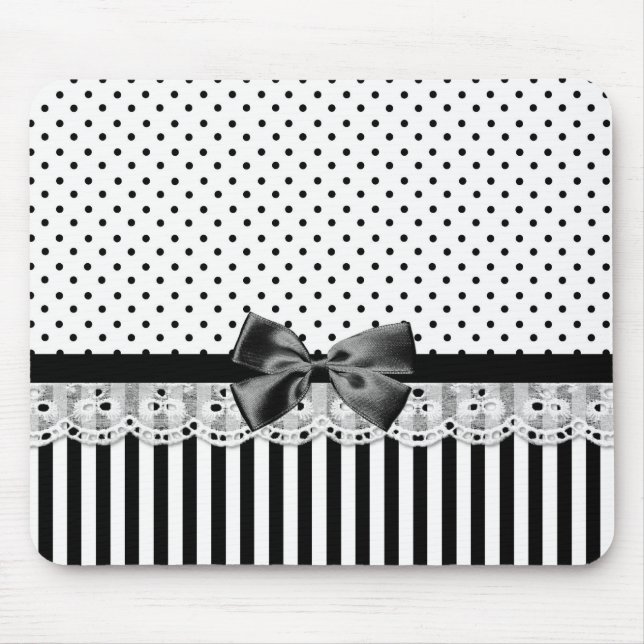 Black And White Victorian Stripes With Bow Mouse Mat (Front)