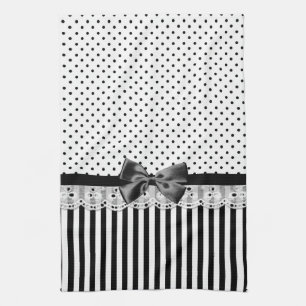 Black And White Victorian Stripes With Bow Tea Towel