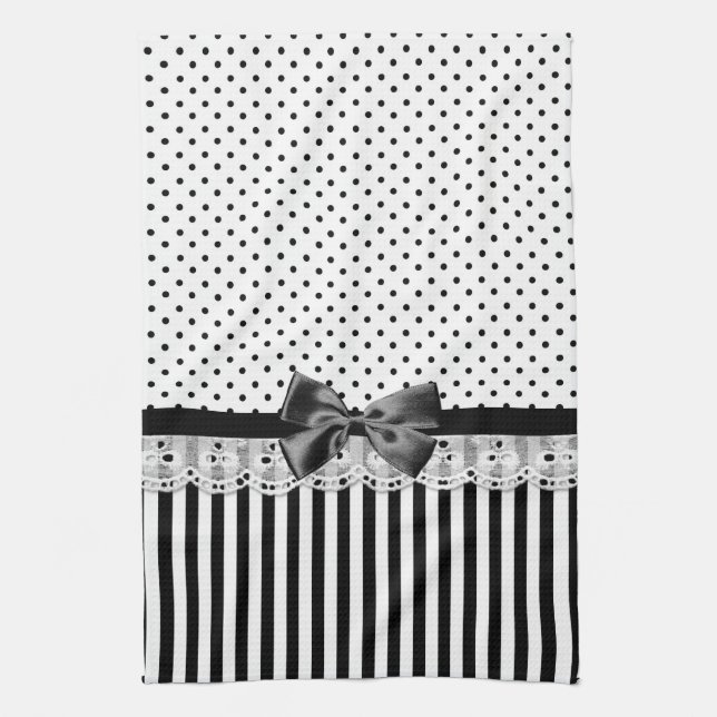 Black And White Victorian Stripes With Bow Tea Towel (Vertical)
