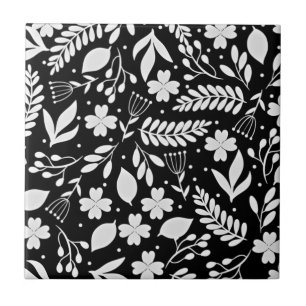 Black and White Vine Floral Pattern Tile