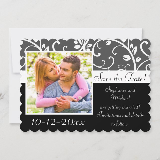 Black and White Vines Photo Save the Date Card (Front)