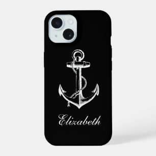 Black and White Vintage Anchor Monogram iPhone 15 Case