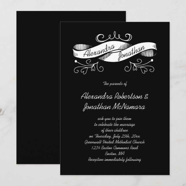 Black and White Vintage Banner Wedding | Invitation (Front/Back)