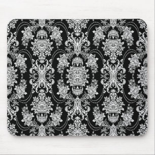 Black And White Vintage Baroque Floral Pattern Mouse Mat