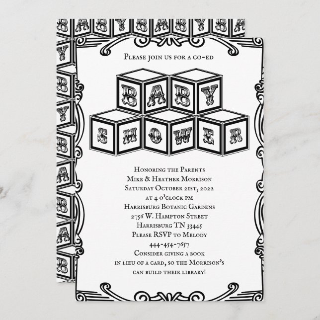 Black and White Vintage Blocks Baby Shower Invitation (Front/Back)