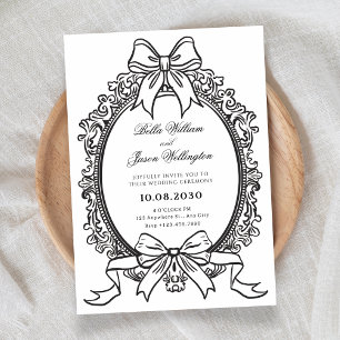 Black and white vintage bow wedding invitation