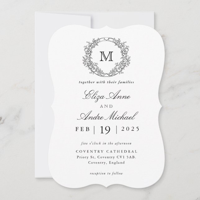  Black and White Vintage Crest Monogram Wedding  Invitation (Front)