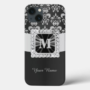 Black and white vintage damask personalised iPhone 13 case