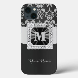 Black and white vintage damask personalised iPhone 13 case