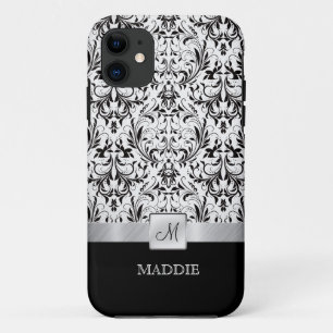 Black and White Vintage Damask with Monogram iPhone 11 Case