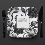 Black and white vintage elegant wedding template paper plate<br><div class="desc">Black and white vintage flowers elegant all in one wedding tableware personalised template plates,  elegant black flowers botanical pattern wedding plates</div>