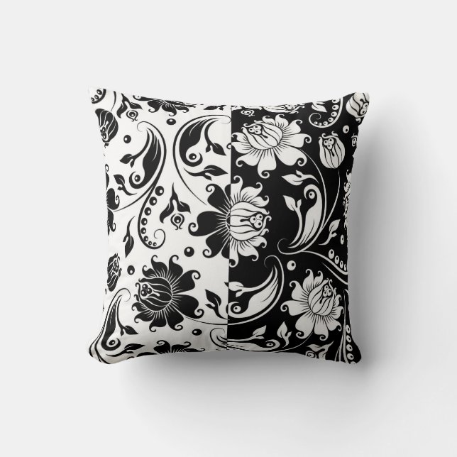 Black and white vintage  floral damask cushion (Front)