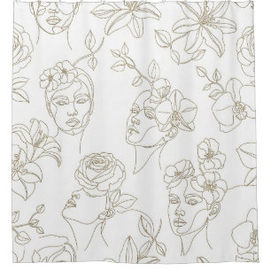 Black and White Vintage Floral Face Line Pattern 2 Shower Curtain