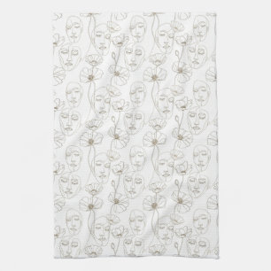 Black and White Vintage Floral Face Line Pattern 2 Tea Towel