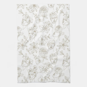 Black and White Vintage Floral Face Line Pattern 3 Tea Towel