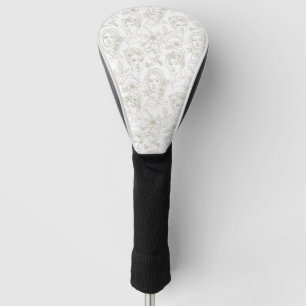 Black and White Vintage Floral Face Line Pattern 4 Golf Head Cover