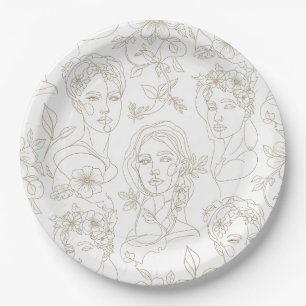 Black and White Vintage Floral Face Line Pattern 4 Paper Plate