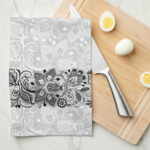 Black And White Vintage Floral Lace Monogram Tea Towel