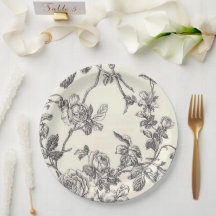 Black And White Vintage Floral Paper Plates