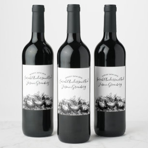 Black And White Vintage Floral Pen & Ink Wedding Wine Label