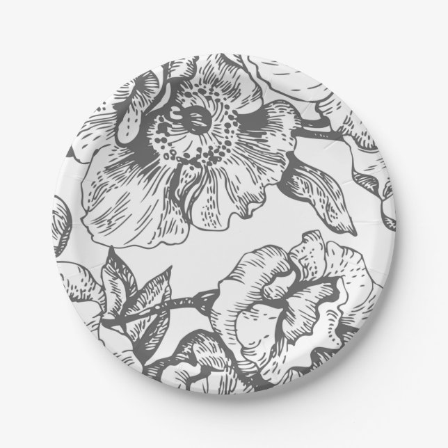Black and White Vintage Floral Plates (Front)