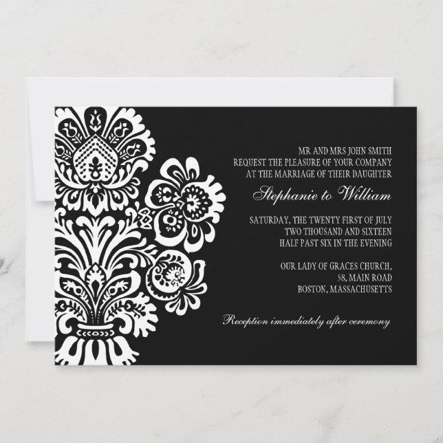 Black and White Vintage Floral Wedding Invitation (Front)