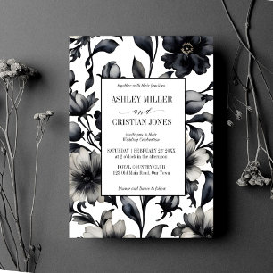 Black and white vintage flowers elegant wedding invitation