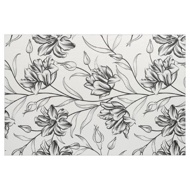 Black and white vintage flowers pattern fabric (Yard)