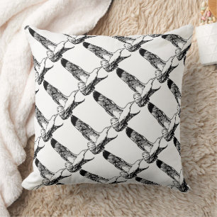 Black and White Vintage Modern Floral Bird Pattern Cushion