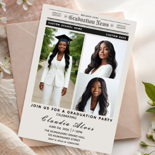 Black and White Vintage Newspaper Graduation Party Invitation