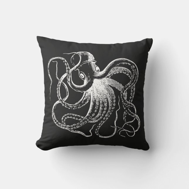 Black and White Vintage Octopus Illustration Cushion (Front)