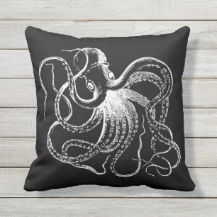 Black and White Vintage Octopus Illustration Cushion
