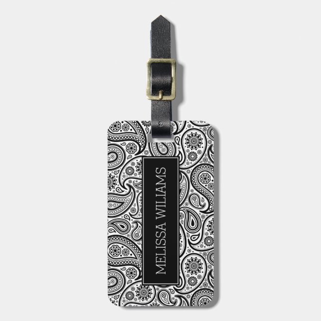 Black And White Vintage paisley Pattern Luggage Tag (Front Vertical)