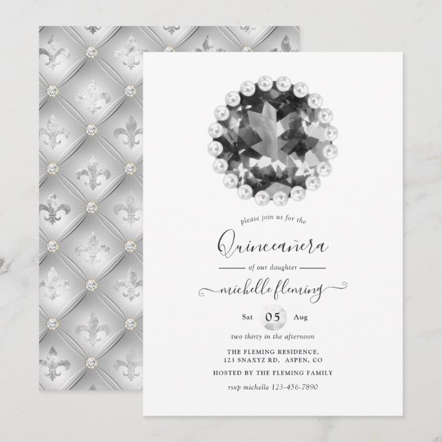 Black and White Vintage Quinceañera Invitation (Front/Back)