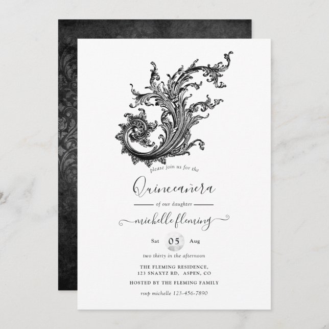 Black and White Vintage Quinceañera Invitation (Front/Back)