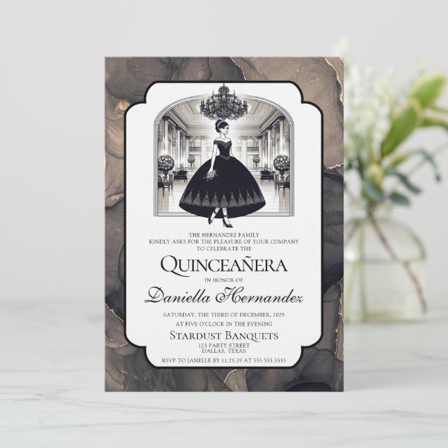Black and White Vintage Quinceañera Invitation (Standing Front)